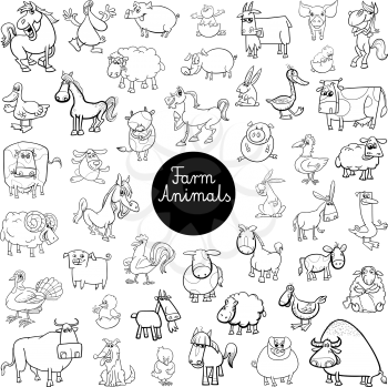 Black and White Cartoon Illustration of Funny Farm Animal Characters Huge Set Coloring Book