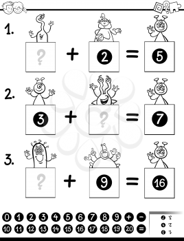 Black and White Cartoon Illustration of Educational Mathematical Addition Puzzle Game for Preschool and Elementary Age Children with Aliens Funny Characters Coloring Book
