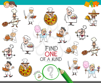 Cartoon Illustration of Find One of a Kind Picture Educational Activity Game for Children with Chef Characters
