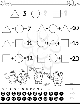 Black and White Cartoon Illustration of Educational Mathematical Calculation Puzzle Game for Children Coloring Book