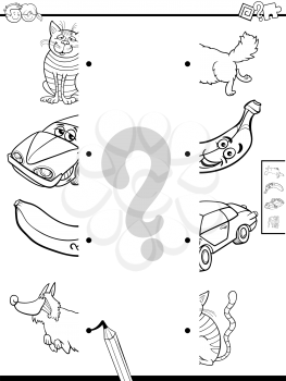 Black and White Cartoon Illustration of Educational Matching Halves of Pictures Game Coloring Book