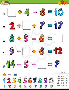 Cartoon Illustration of Educational Mathematical Calculation Worksheet for Children