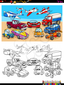Cartoon Illustration of Transportation Vehicles Group Coloring Book Worksheet