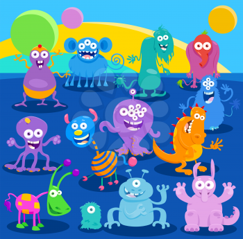 Cartoon Illustrations of Monsters or Aliens Characters Group in Fantasy World