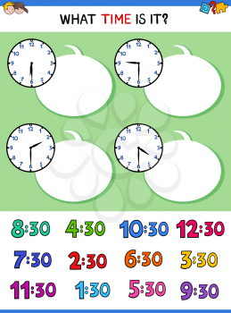 Cartoon Illustrations of Telling Time Educational Game with Clock Face for Children