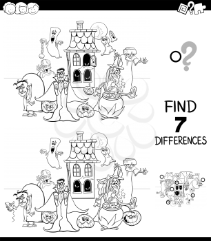 Black and White Cartoon Illustration of Finding Seven Differences Between Pictures Educational Game for Children with Spooky Halloween Characters Coloring Book