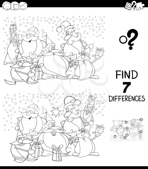 Black and White Cartoon Illustration of Finding Seven Differences Between Pictures Educational Game for Kids with Santa Claus Christmas Characters Coloring Book