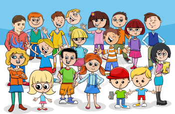 Cartoon Illustration of Preschool or Elementary Age Children and Teen Characters Group