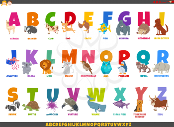 Cartoon Illustration of Colorful Full Alphabet Set with Funny Animal Characters and Captions
