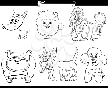Black and white cartoon illustration of purebred dogs comic characters set