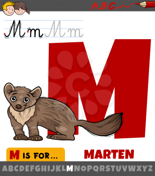 Educational cartoon illustration of letter M from alphabet with marten animal for children 