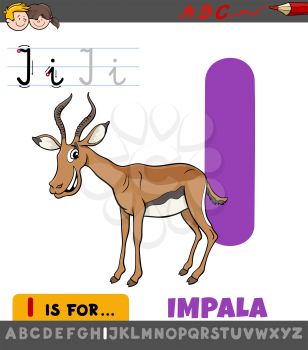 Educational Cartoon Illustration of Letter I from Alphabet with Impala Animal for Children 