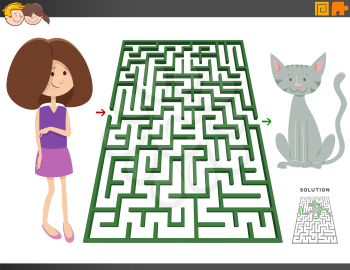 Cartoon Illustration of Educational Maze Puzzle Game for Children with Girl and Cat or Kitten Animal Character