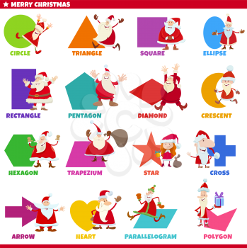 Educational cartoon illustration of geometric shapes with captions and funny Santa Claus Christmas characters for preschool and elementary age children