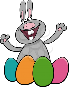 Cartoon Illustration of Funny Easter Bunny Character with Colored Easter Eggs on Holidays