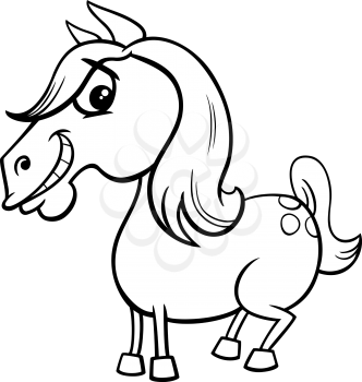 Black and White Cartoon Illustration of Funny Horse or Pony Farm Animal Character Coloring Book Page