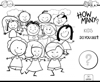 Black and White Cartoon Illustration of Educational Counting Task for Children with Happy Kids Characters Group Coloring Book