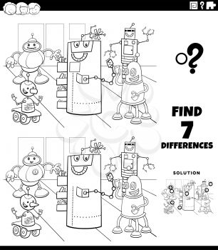 Black and White Cartoon Illustration of Finding Differences Between Pictures Educational Game for Children with Comic Robot Characters Coloring Book Page