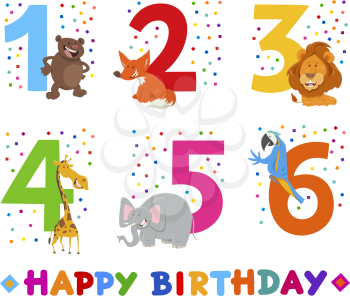 Cartoon Illustration Design of the Birthday Greeting Cards Set for Children with Funny Animals