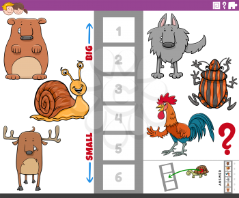 Cartoon Illustration of Educational Game of Finding the Bigest and the Smallest Animal Species with Comic Characters for Children