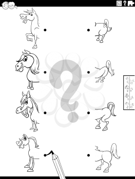 Black and white cartoon illustration of educational game of matching halves of pictures with funny horses farm animal characters coloring book page