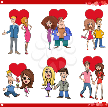 Cartoon illustration of Valentines Day women and men couples in love comic set