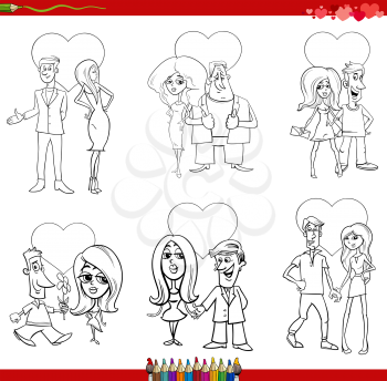 Black and white cartoon illustration of Valentines Day women and men couples in love comic set