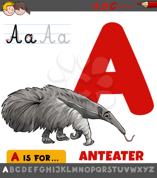 Educational Cartoon Illustration of Letter A from Alphabet with Anteater Character for Children 