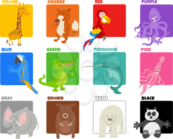 Cartoon Illustration of Basic Colors with Funny Animal Characters Educational Set