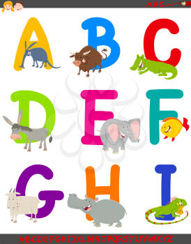 Cartoon Illustration of Colorful Alphabet Set from Letter A to I with Happy Animal Characters
