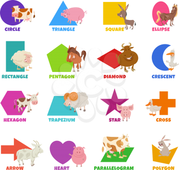 Educational Cartoon Illustration of Geometric Shapes with Captions and Cute Farm Animal Characters for Preschool and Elementary Age Children