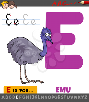 Educational Cartoon Illustration of Letter E from Alphabet with Emu Bird for Children 