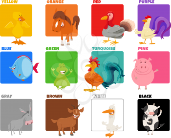 Cartoon Illustration of Basic Colors with Comic Animal Characters Educational Set