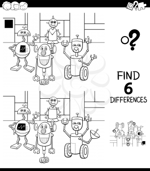 Black and White Cartoon Illustration of Finding Six Differences Between Pictures Educational Game for Children with Robots Fantasy Characters Coloring Book