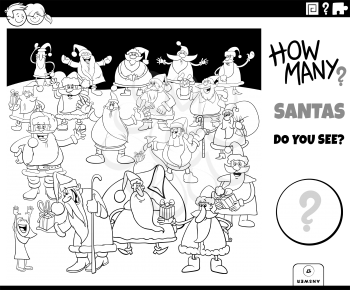 Black and White Illustration of Educational Counting Game for Children with Cartoon Santa Clauses Christmas Characters Group Coloring Book Page