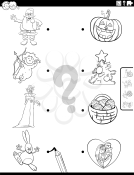 Black and White Cartoon Illustration of Educational Matching Game for Children with Holidays Characters and Symbols Coloring Book Page
