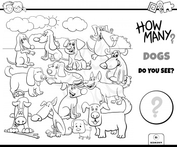Black and White Illustration of Educational Counting Game for Children with Cartoon Dogs Pet Animal Characters Group Coloring Book Page