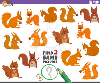 Cartoon Illustration of Finding Two Same Pictures Educational Task for Children with Funny Squirrels Wild Animal Characters