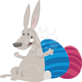 Cartoon Illustration of Funny Easter Bunny with Colored Eggs