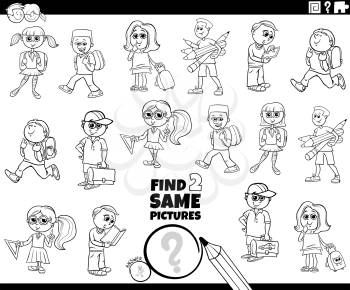 Black and White Cartoon Illustration of Finding Two Same Pictures Educational Game for Children with Funny School Kids or Pupils Characters Coloring Book Page