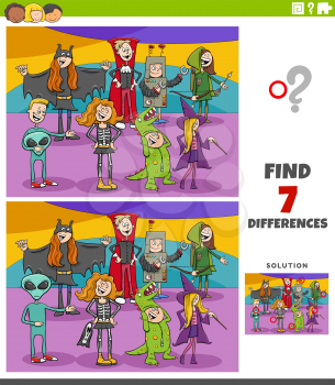 Cartoon Illustration of Finding Differences Between Pictures Educational Game for Children with Halloween Characters Group