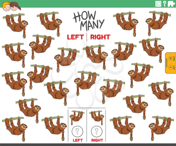 Cartoon Illustration of Educational Task of Counting Left and Right Oriented Pictures of Sloth Animal Character