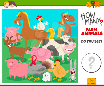 Illustration of Educational Counting Game for Preachool Children with Cartoon Farm Animal Characters Group