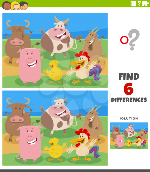 Cartoon illustration of finding the differences between pictures educational game for kids with funny farm animal characters