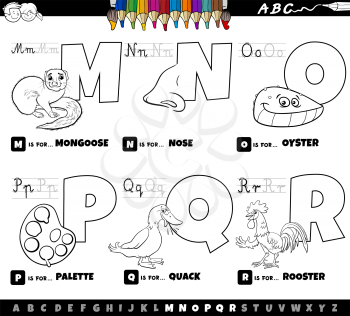 Black and white cartoon illustration of capital letters from alphabet educational set for reading and writing practise for kids from M to R coloring book page