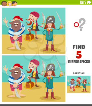 Cartoon illustration of finding the differences between pictures educational game for kids with pirate characters and treasure