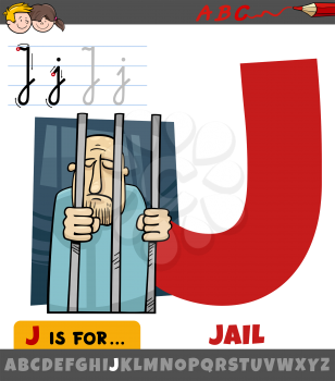 Educational cartoon illustration of letter J from alphabet with jail word for Children 