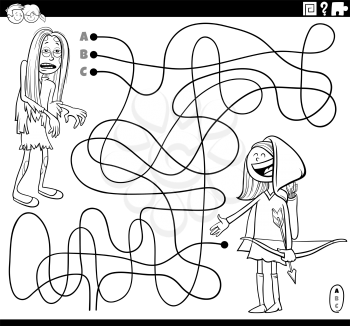 Black and white cartoon illustration of lines maze puzzle game with girls in costumes at the party coloring book page