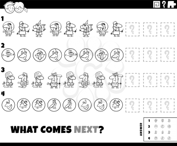 Black and white cartoon illustration of completing the pattern educational game for children with comic characters coloring book page
