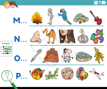 Cartoon illustration of finding pictures starting with referred letter educational game worksheet for preschool or elementary school children with comic characters